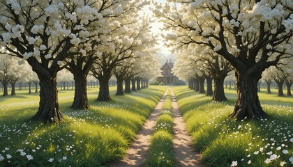 Fototapeta premium Sunny path through blooming white apple orchard leading to a cozy countryside farmhouse at spring morning, generative AI