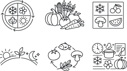 Seasonal Cuisine Icons. Line style vector icons of seasonal cuisine: changing-season circle, fresh harvest contour, seasonal