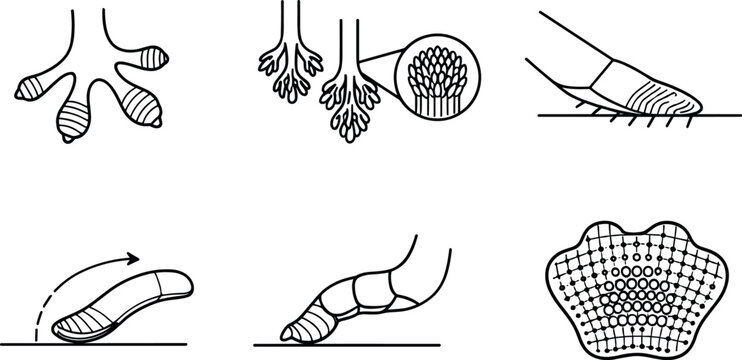 Gecko Foot Mechanics Icons. Line style vector icons of gecko-foot mechanics: splayed toe outline, hierarchical setae pattern,