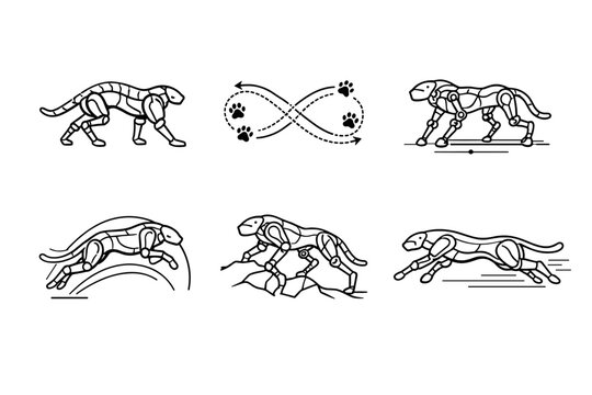 Biomimetic Quadruped Icons. Line style vector icons of next-gen biomimetic quadrupeds: flexible-spine module, energy-efficient