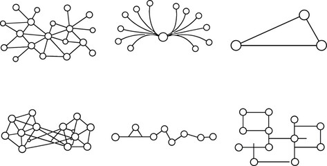 Divergent Thinking Icons. Line style icons of divergent thinking networks: wide-spread connection map, multi-branch arc, remote