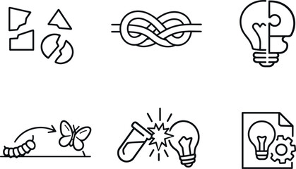 Naklejka premium Creative Restructuring Icons. Line style icons of creative restructuring: fragmented concept shapes, recombination knot, hybrid