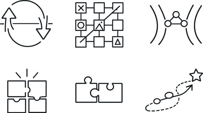 Cognitive Shift Icons. Line style icons of cognitive shift: perspective-flip arrow, pattern-recognition grid, concept realignment