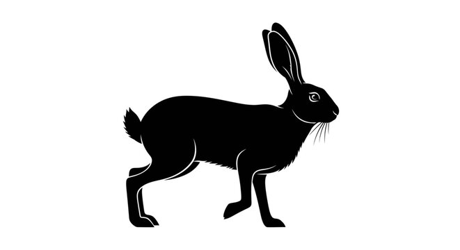 A black silhouette hare running in a high contrast isolated illustration on a white background viewed from the side