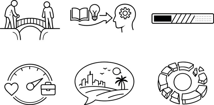 Generational Change Icons. Line style icons of generational change: elder-to-youth bridge, knowledge transfer arrow, diluted