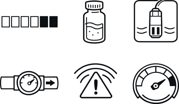 Water Quality Icons. Line style icons of water-quality monitoring: turbidity scale bar, sampling vial outline, sensor probe tile,