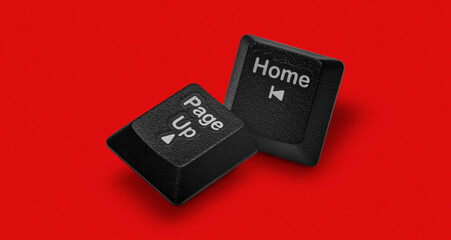 Close-up view of black computer keyboard keys showing Home and Page Up symbols on a red background. Representing technology, navigation, user interface, web design and digital control concepts.