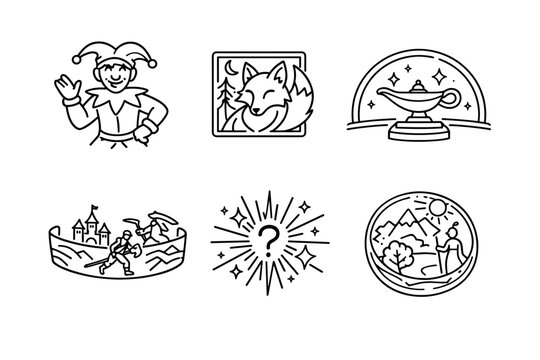 Folklore Icon Line Art. Line style icons of folkloric explanations: trickster figure outline, animal spirit tile, enchanted object