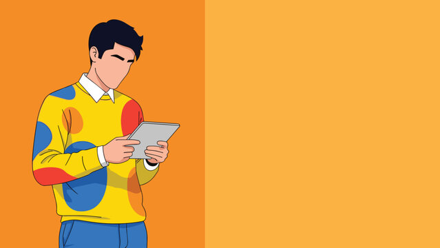 Creative Professional Using Digital Tablet Wearing Patterned Yellow Sweater Over Orange and Blue Dual Tone Background