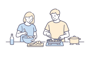 Fototapeta premium Couple's Cooking Harmony. A couple stands at a kitchen counter cooking together, sharing tasks during a relaxed routine,