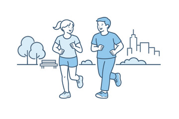 Park Jogging Duo. Two friends jog at an easy pace in a city park, maintaining relaxed posture and rhythm, minimalist flat line
