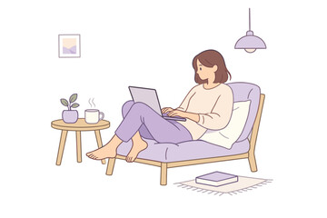 Fototapeta premium Cozy Home Office. A woman sitting comfortably while working on her laptop at home, flat modern illustration of a single figure