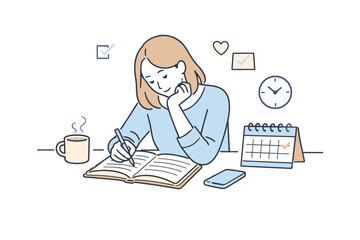 Woman Planning Schedule. Woman arranging schedule details in a daily planner, slight lean forward as she writes and reflects,