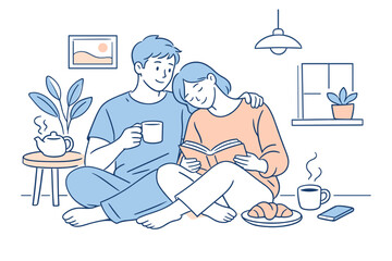 Obraz premium Cozy Morning Duo. Couple spending a calm slow morning together, seated comfortably in a simple home setting with soft expressions,