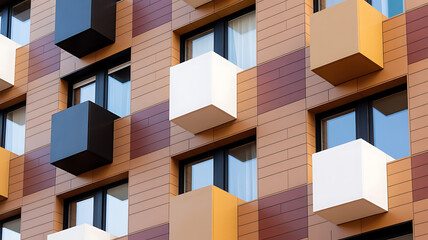 Modern Architectural Facade with Geometric Cubes and Colorful Panels