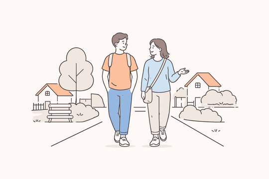 Minimalist Stroll Companions. Two friends walk together through familiar neighborhood paths calmly Minimalist flat line vector