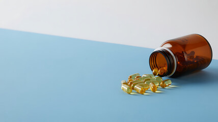 Amber Bottle with Yellow Capsules on Blue for Health & Wellness