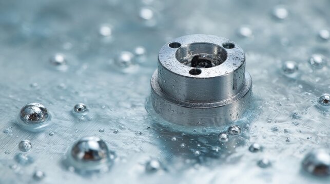 Stainless steel mechanical part submerged in clear water with rising air bubbles and reflections during electroplating process