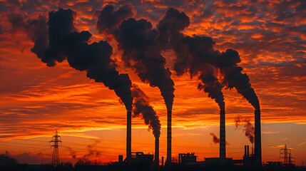 Industrial Smokestacks Silhouetted Against a Dramatic Fiery Sunset Sky, Symbolizing Pollution