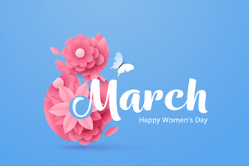 Naklejka premium Vector illustration for International Women's Day on March 8. Elegant floral number 8 made of pink flowers and petals with modern typography, and soft blue background. Ideal for greeting card, banner