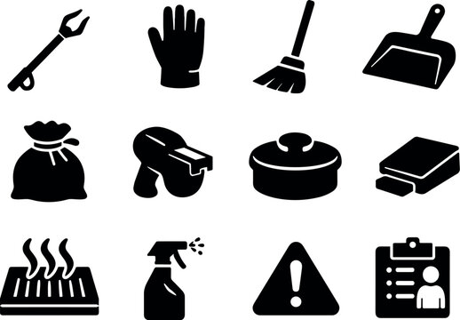 Solid vector icons of sustainable disposal tools: trash picker, glove, broom, dustpan, sack tie, label marker, bin lid, foot
