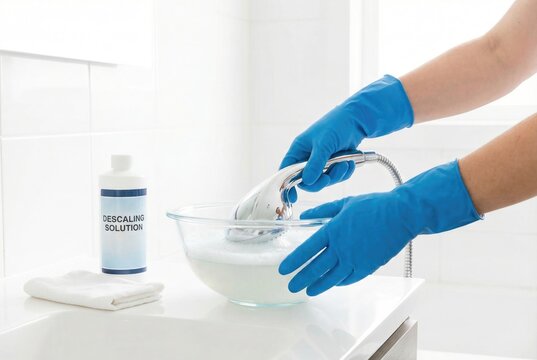 Cleaning a showerhead using a descale solution in a bright bathroom during the afternoon