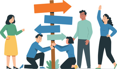 Teamwork & Direction Choice Concept  People Assembling Signpost Arrows © Mossadessur Rahman