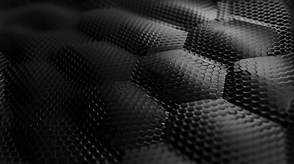 Black hexagonal texture background. Dark abstract honeycomb pattern with 3D relief. Geometric carbon fiber concept