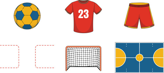 Soccer Equipment & Uniform Illustration Set  Ball, Jersey, Shorts, Goal & Field