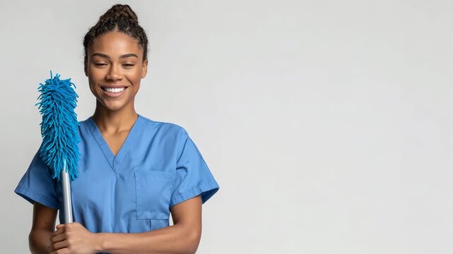 Happy young African American woman in blue medical scrubs with hair in high bun, smiling confidently while holding long blue feather duster mop, professional cleaning service concept.