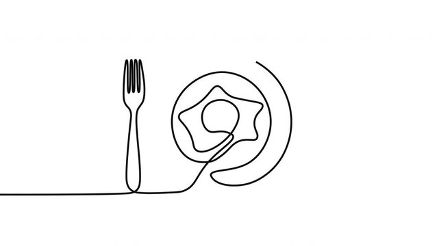 Continuous line drawing, minimalist food illustration, simple utensils, eating icon