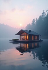 Fototapeta premium Floating Boathouse Reflected on Calm Lake at Sunrise with Soft Mist and Gentle Ripples