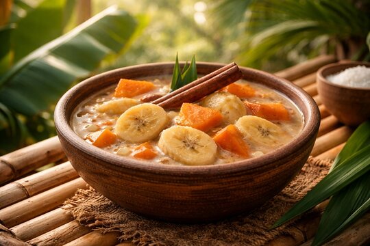 Kolak Pisang bowl features banana and sweet potato on bamboo table in tropical sunlight