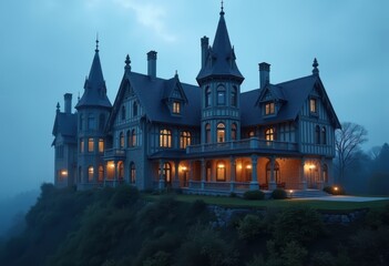 Fototapeta premium Gothic Revival Mansion Spires Pointed Arches Dramatic Elegance Medieval Charm