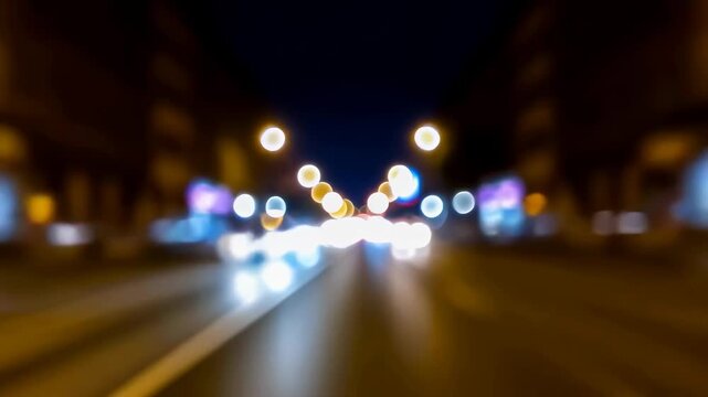 Blurred city street at night with glowing lights and moving vehicles. Captures the essence of urban nightlife and the hustle of city life
