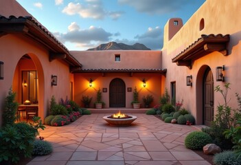Naklejka premium Charming Pueblo Adobe Home with Rustic Wooden Vigas and Inviting Courtyard Scene in Vibrant Desert Colors
