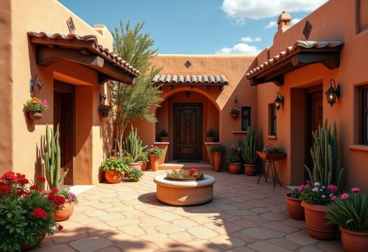 Quaint Pueblo Adobe Courtyard Elegance with Exposed Wooden Vigas and Timeless Charm