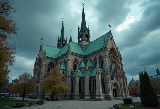 Copper Roof Cathedral Dramatic Cloudy Backdrop Ethereal Green Patina Architectural Marvel