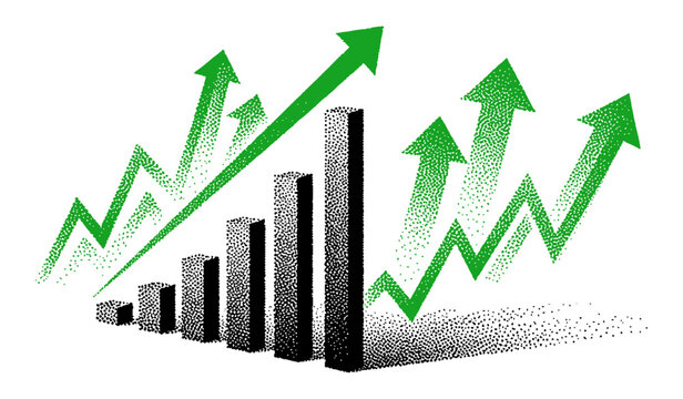 green arrows and bar chart showing upward trend and growth, success and progress illustration in retro halftone style