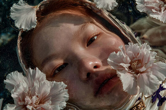 Woman floating on water with white flowers portrait