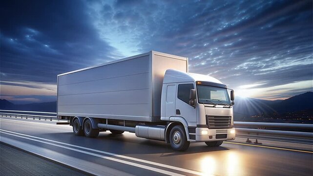 High-speed tracking shot of white semi-truck on wet highway at twilight | Dramatic sunset sky with mountain backdrop | Concept of logistics, transportation, supply chain, industrial progress