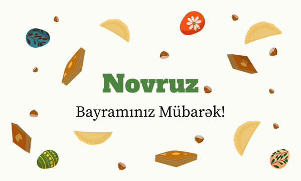 Novruz Holiday Banner with Traditional Sweets and Greeting Text. High-quality vector illustration featuring traditional Azerbaijani sweets &mdash; Shekerbura and Baklava with nuts