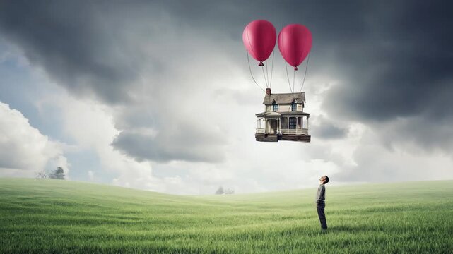 Man Watching Flying House in Dreamlike Landscape