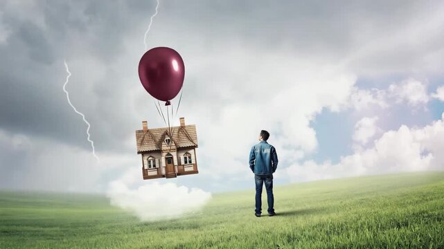 Surreal Concept of House Floating with Balloon