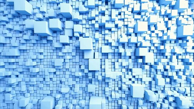 Abstract blue cube background with varying sizes and depths, creating a dynamic 3D visual effect. Ideal for technology, innovation, and digital design themes