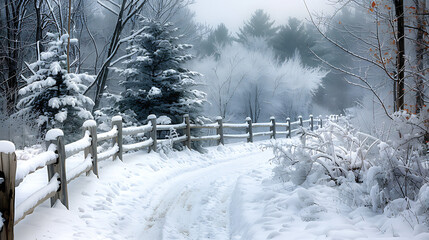 Serene Winter Landscape: Snowy Path Winding Through Forest with Rustic Wooden Fence