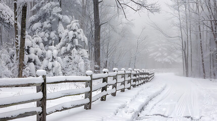 Tranquil Winter Landscape with Snow-Covered Wooden Fence and Forest Path