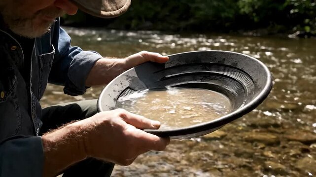 Close-up footage of a gold prospector washing river gravel in a black plastic pan
