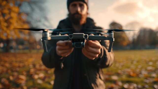 Man Holding Drone Preparing for Flight Outdoors