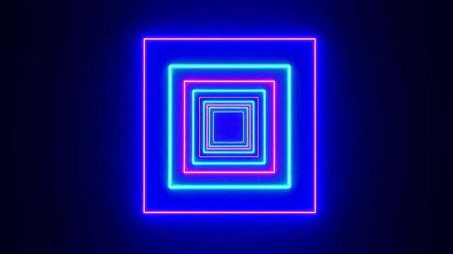 Colorful neon square tunnel animation. Dynamic visual effect for modern digital art, music videos, and immersive experiences